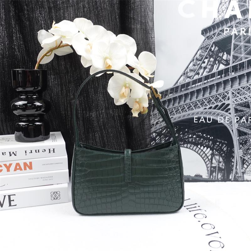 Pre-owned Saint Laurent Le5 A7 Dark Green Croc Calfskin Shoulder Bag