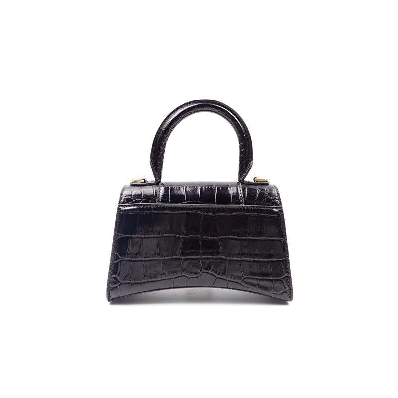 Pre-Owned Balenciaga Hourglass Black Calfskin Croc Print Shoulder Bag