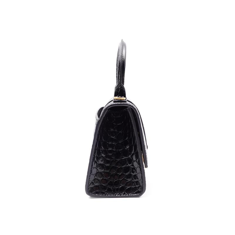 Pre-Owned Balenciaga Hourglass Black Calfskin Croc Print Shoulder Bag