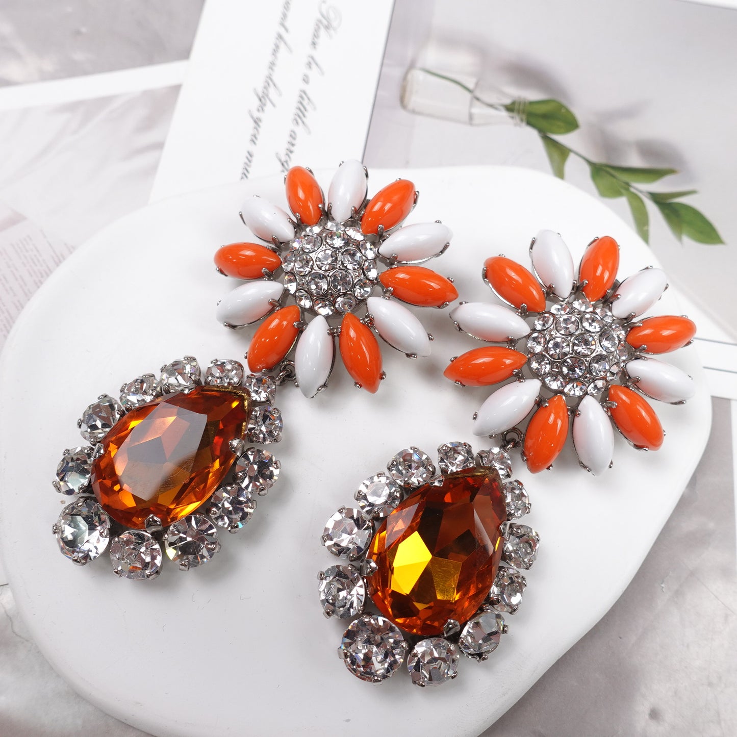 Pre-Owned Miu Miu Gold Tone Orange&White Simulated Diamond PVC Earrings