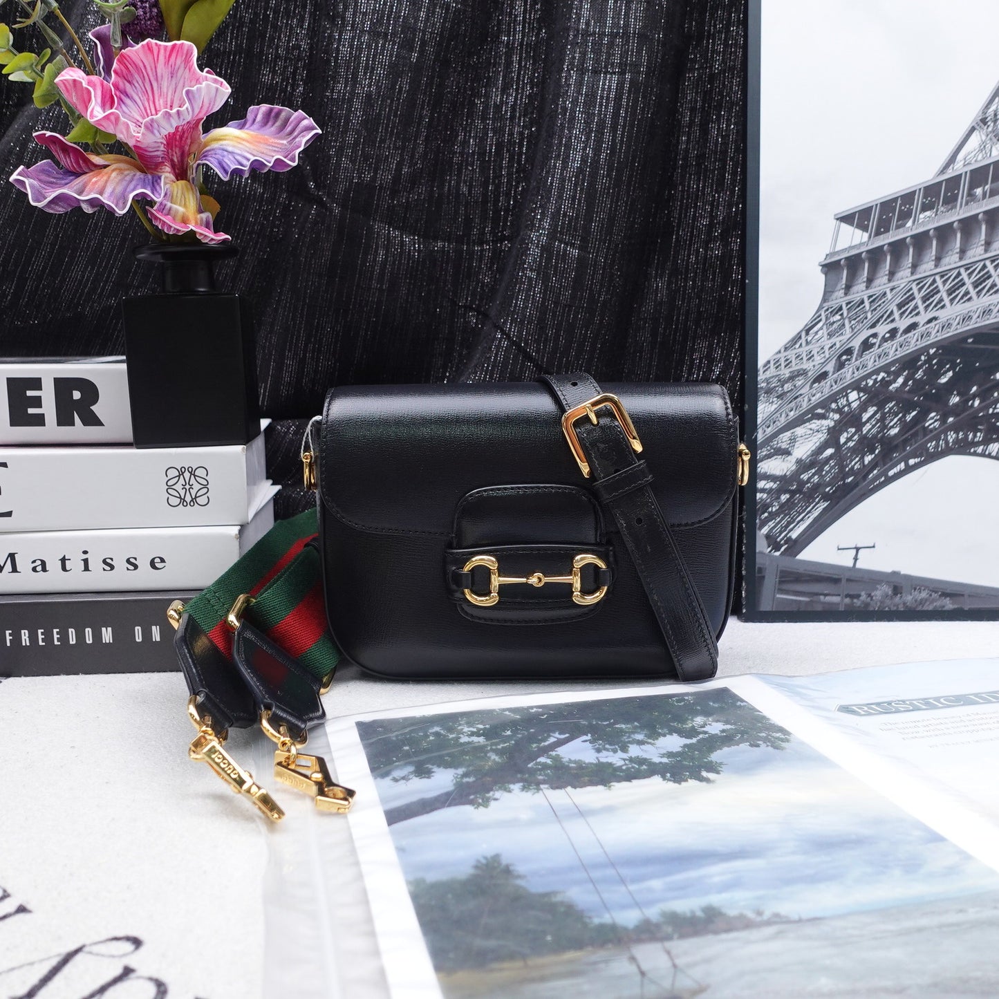 Pre-Owned Gucci Horsebit 1955 Black Calfskin Shoulder Bag T10266431