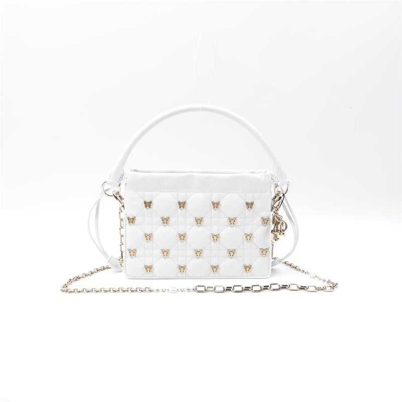Pre-owned Dior White Rattan Check Gold Butterfly Rivet Shoulder Bag