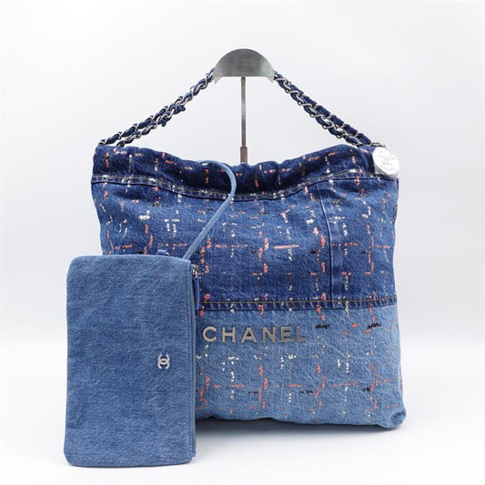 Pre-owned Chanel Blue 22 Denim Tote Bag