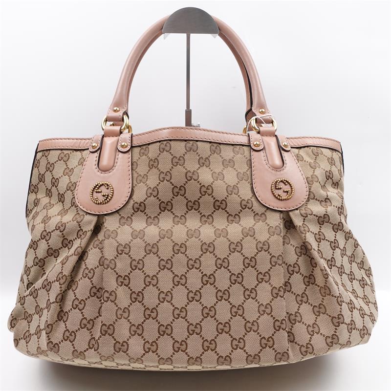 pre-owned Gucci GG Beige Canvas With Pink Trim Tote