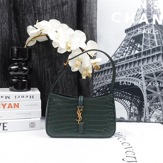Pre-owned Saint Laurent Le5 A7 Dark Green Croc Calfskin Shoulder Bag