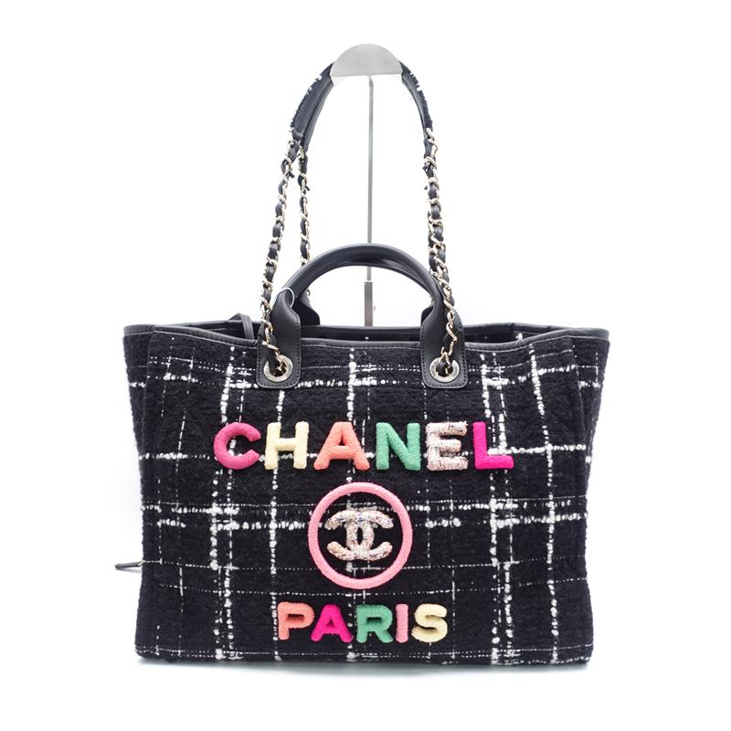 Pre-Owned Chanel Deauville Raindow Black Tweed Large Tote Bag