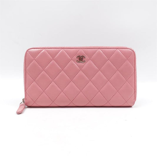 Pre-owned Chanel Pink Lambskin With Silver Hardware Long Zippy Wallet