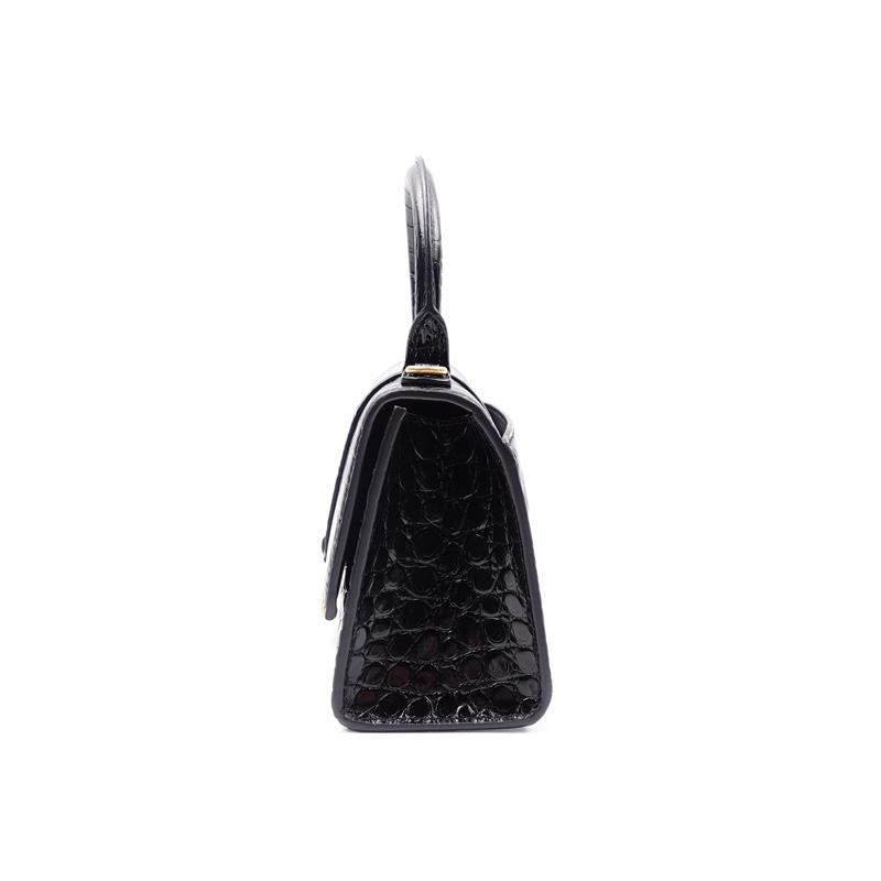 Pre-Owned Balenciaga Hourglass Black Calfskin Croc Print Shoulder Bag