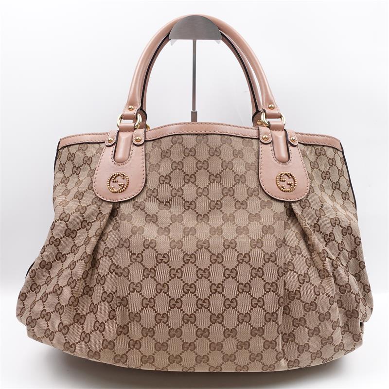 pre-owned Gucci GG Beige Canvas With Pink Trim Tote