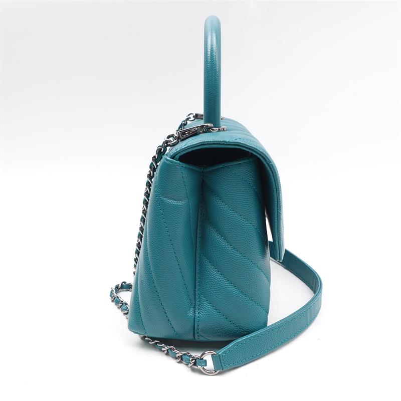 Pre-owned Chanel Chervon Coco Handle Teal Caviar  Satchel