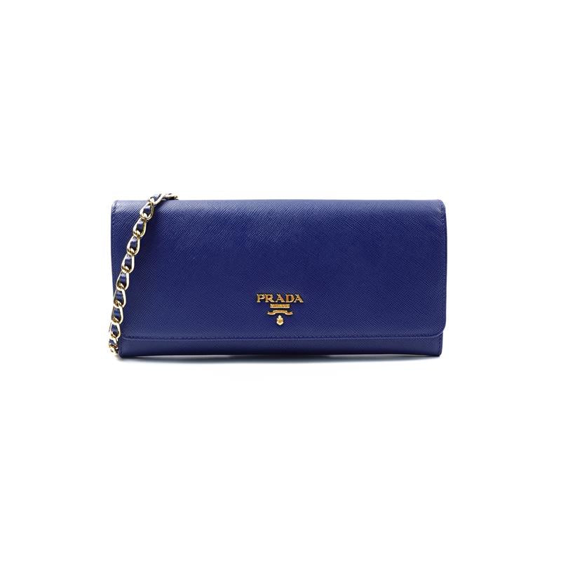 Pre-owned Prada Deep Blue Leather Wallet On Chain Crossbody Bag