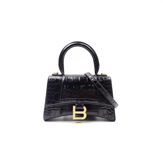 Pre-Owned Balenciaga Hourglass Black Calfskin Croc Print Shoulder Bag