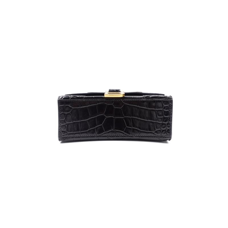 Pre-Owned Balenciaga Hourglass Black Calfskin Croc Print Shoulder Bag