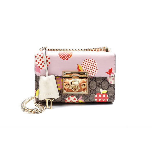 Pre-owned Gucci Superme Les Pommes Padlock Small Coated Canvas Shoulder Bag