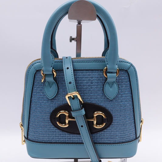 Pre-owned Gucci Horsebit 1955 Blue Raffia Shoulder Bag