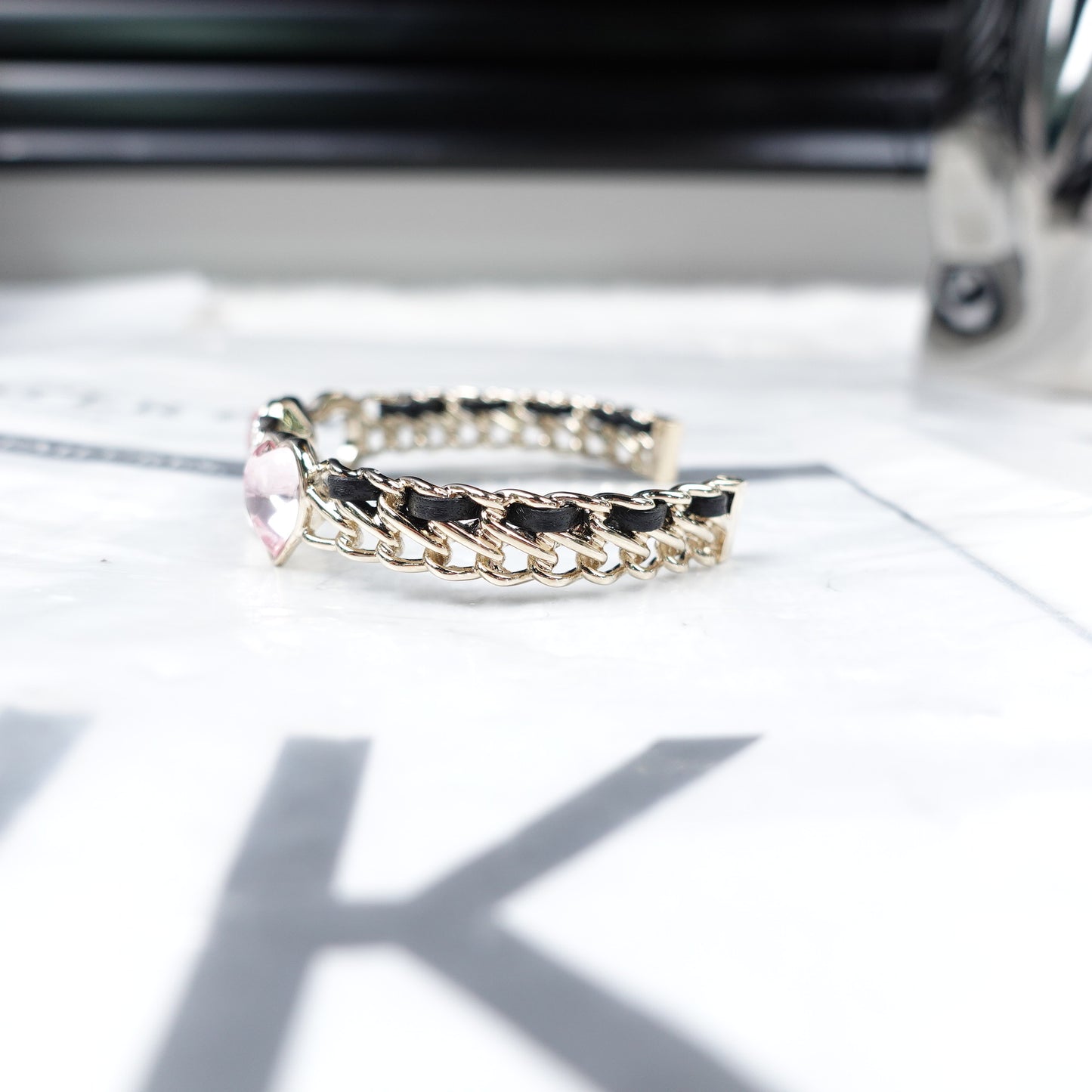 Pre-Owned Chanel Gold Tone Crystal Black&Pink Bracelet