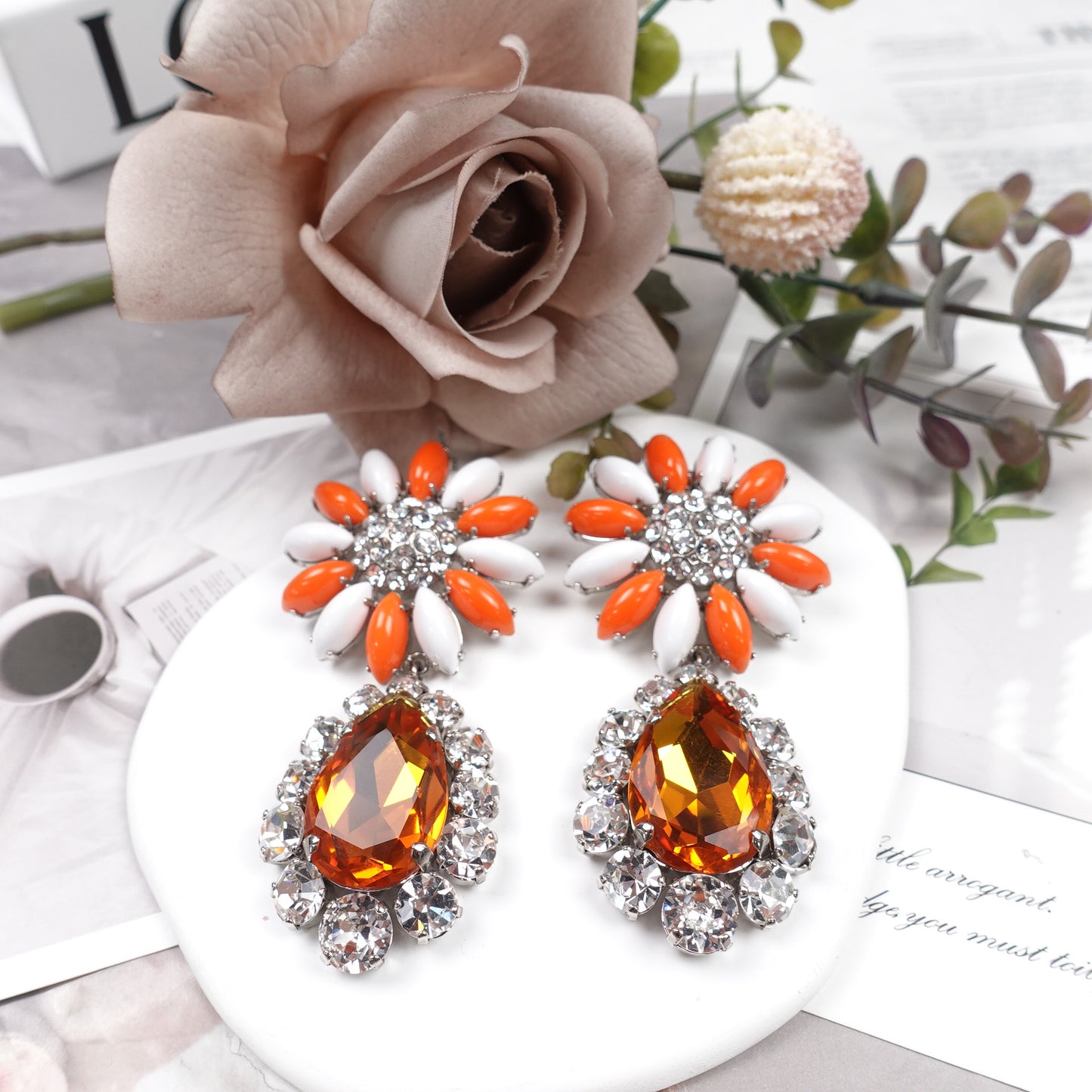 Pre-Owned Miu Miu Gold Tone Orange&White Simulated Diamond PVC Earrings
