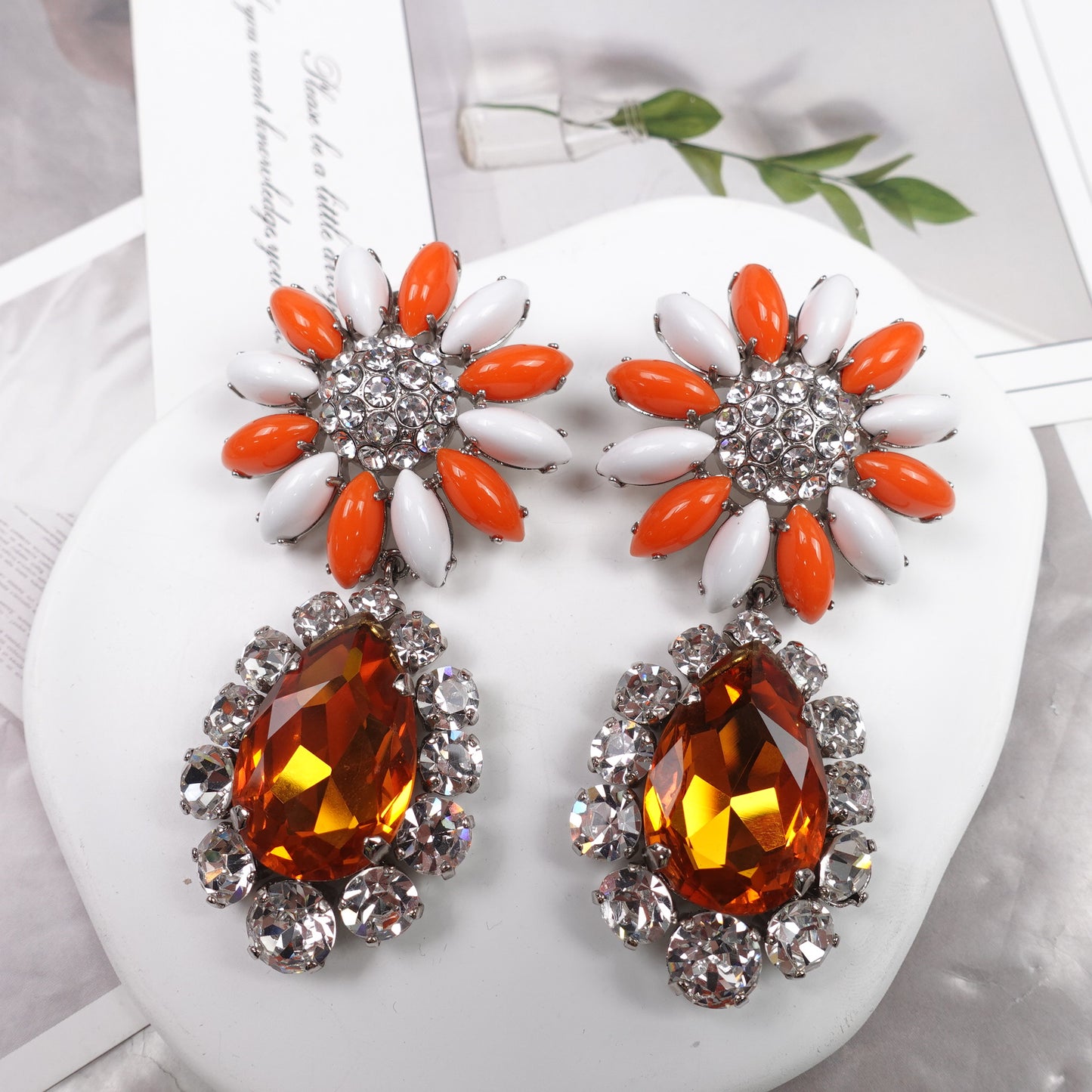 Pre-Owned Miu Miu Gold Tone Orange&White Simulated Diamond PVC Earrings