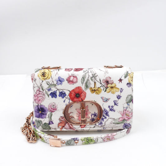 Dior Caro White and Multicolor Flower Printed Farbic Shoulder Bag