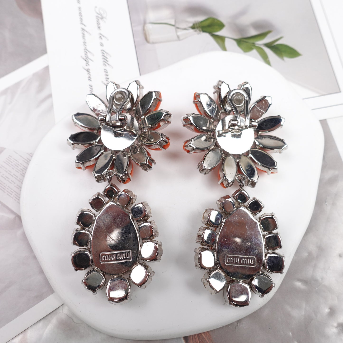 Pre-Owned Miu Miu Gold Tone Orange&White Simulated Diamond PVC Earrings