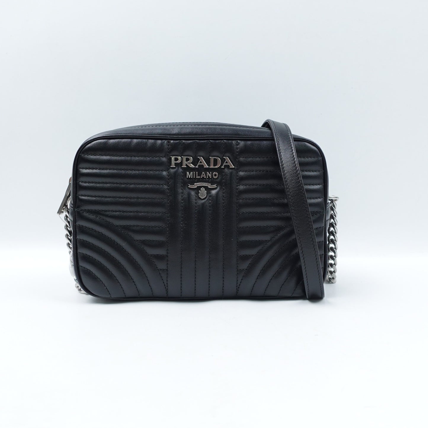 Pre-owned Prada Diagramme Black Calfskin Camera Bag