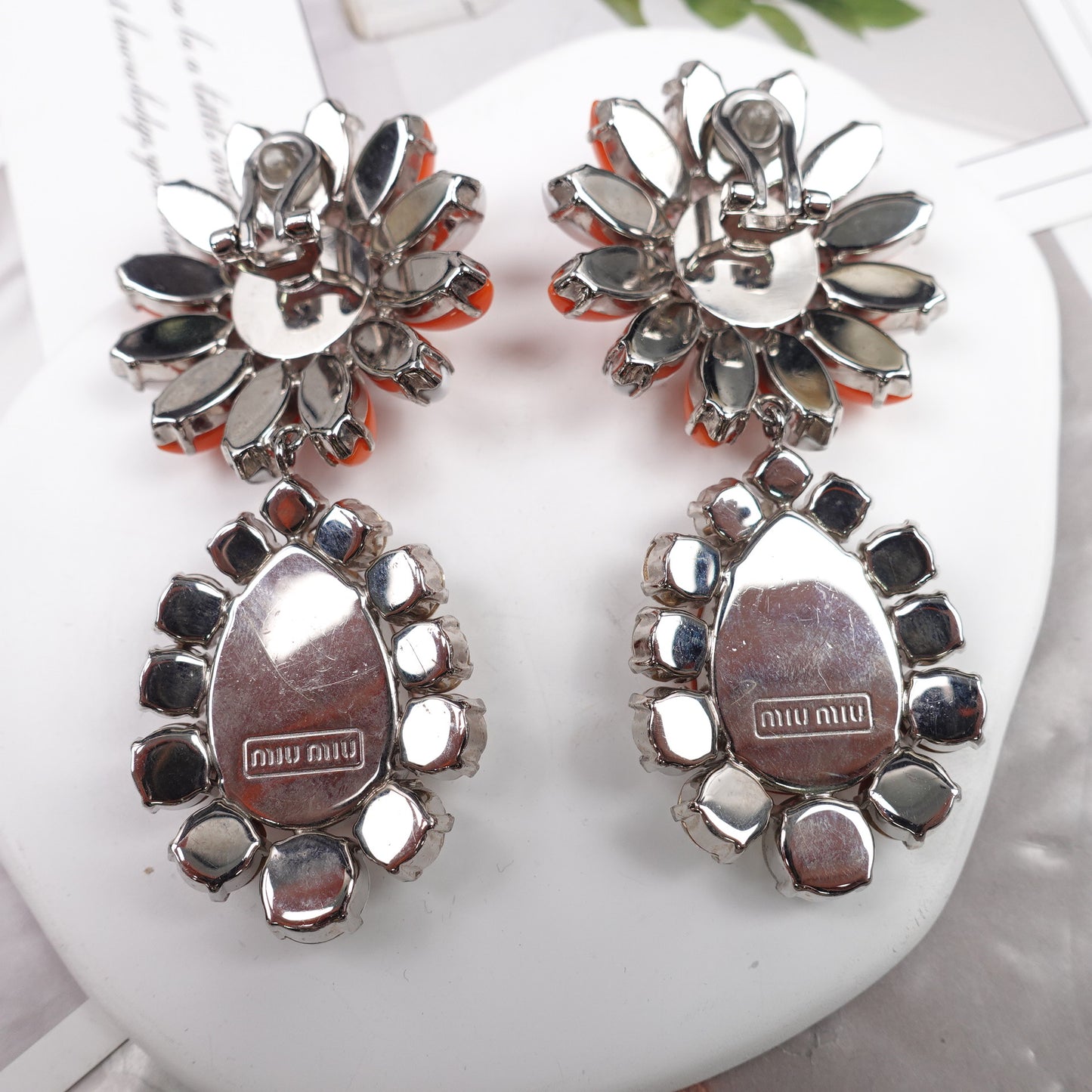 Pre-Owned Miu Miu Gold Tone Orange&White Simulated Diamond PVC Earrings