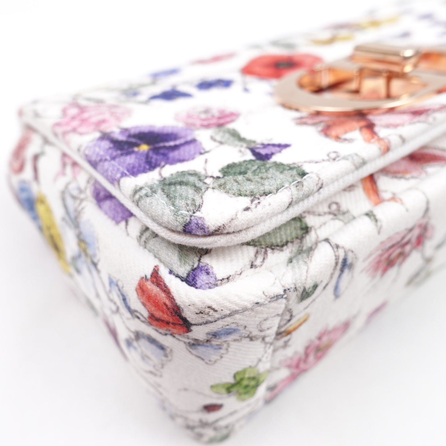 Dior Caro White and Multicolor Flower Printed Farbic Shoulder Bag