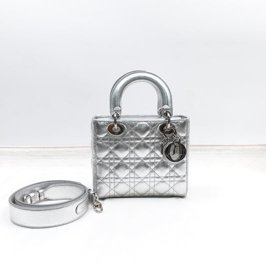 Pre-owned Dior Lady Dior Silver Calfskin Shoulder Bag