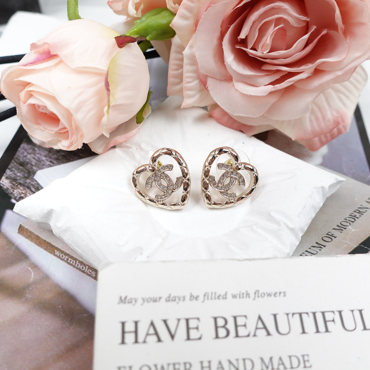 Pre-Owned Chanel Crystal CC Logo Heart Earrings