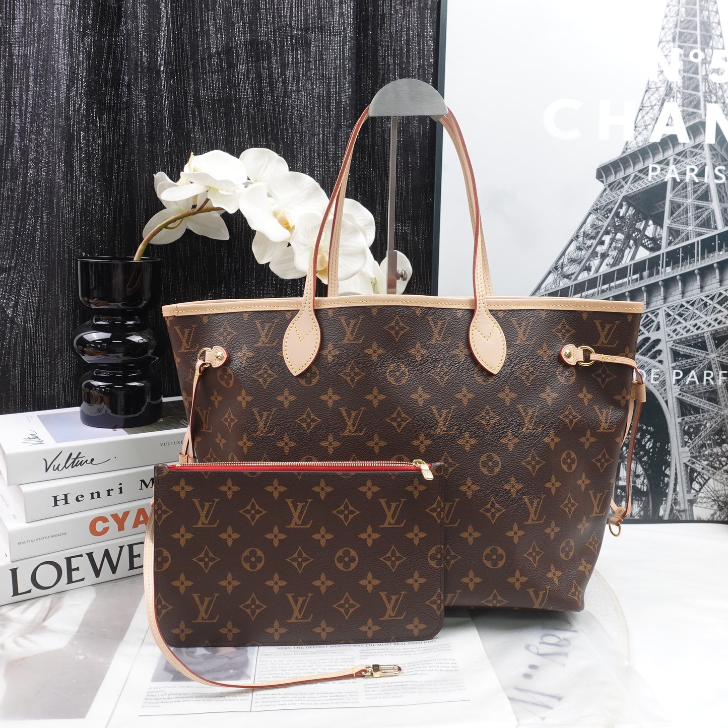 Pre-Owned Louis Vuitton Neverfull MM W/Pouch Monogram Canvas Tote Bag