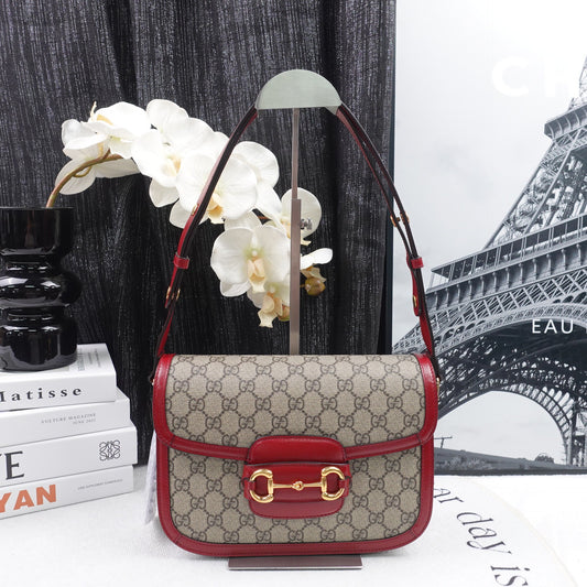 Pre-Owned Gucci Horsebit 1955 Brown/Red Coated Canvas Shoulder Bag