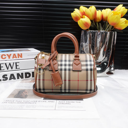 Pre-owned Burberry Check Bowling Mini Brown Coated Canvas Shoulder Bag