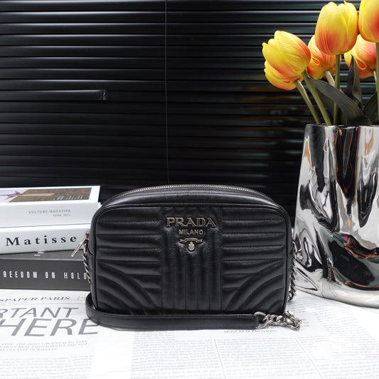Pre-owned Prada Diagramme Black Calfskin Camera Crossbody Bag