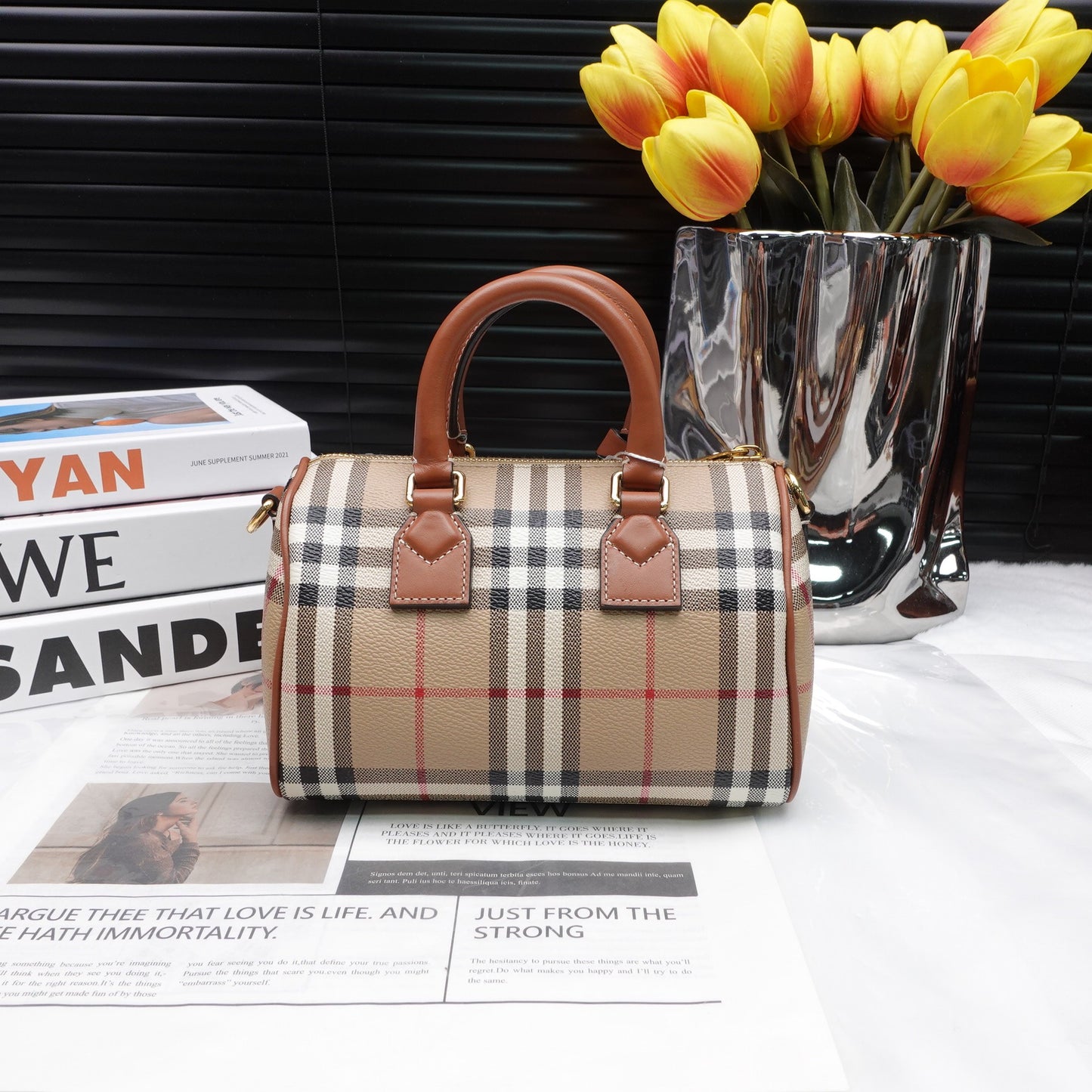 Pre-owned Burberry Check Bowling Mini Brown Coated Canvas Shoulder Bag