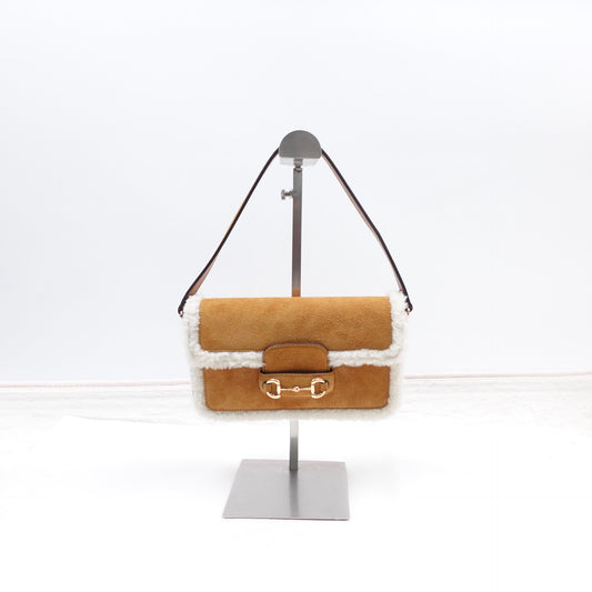 Pre-owned Gucci Horsebit 1955 Brown Suede&Lambskin Shoulder Bag