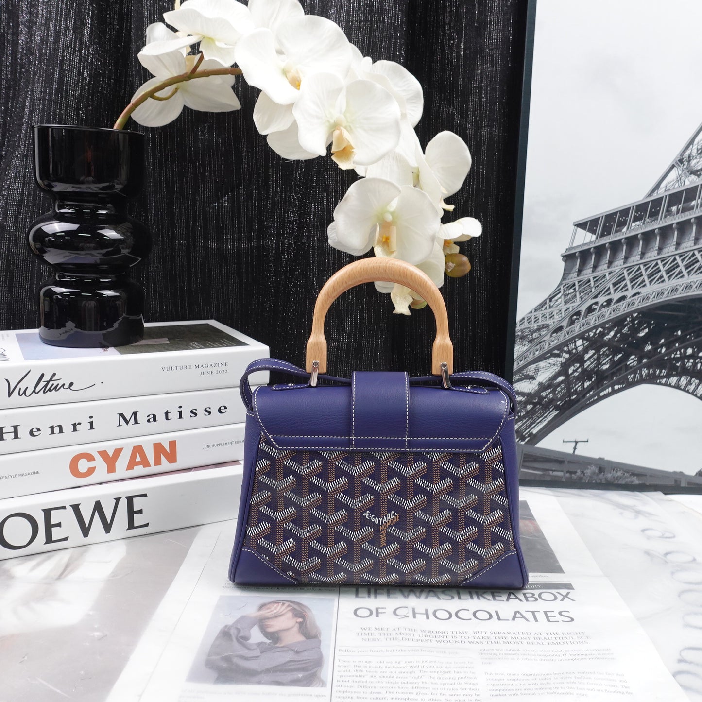 Pre-Owned Goyard Saigon Blue&Monogram Coated Canvas&Calfskin Shoulder Bag