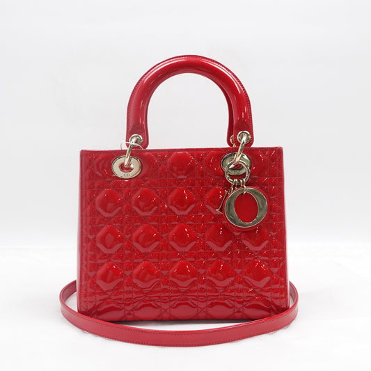 Pre-owned Dior Lady Dior Medium Red Patent Shoulder Bag