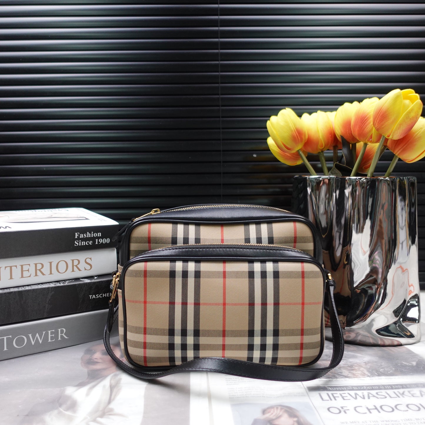 Pre-Owned Burberry Check&Calfskin Crossbody Bag