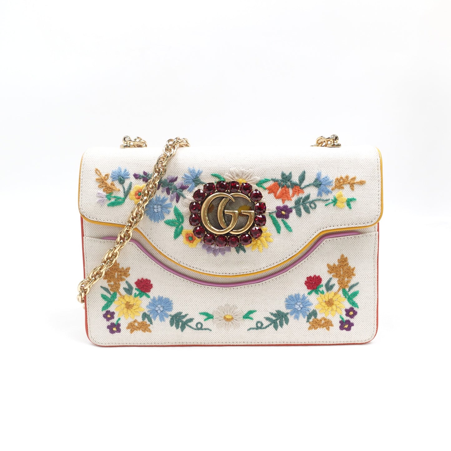 Pre-owned Gucci Linea Ricami Small Multicolor Embroidered Canvas Shoulder Bag