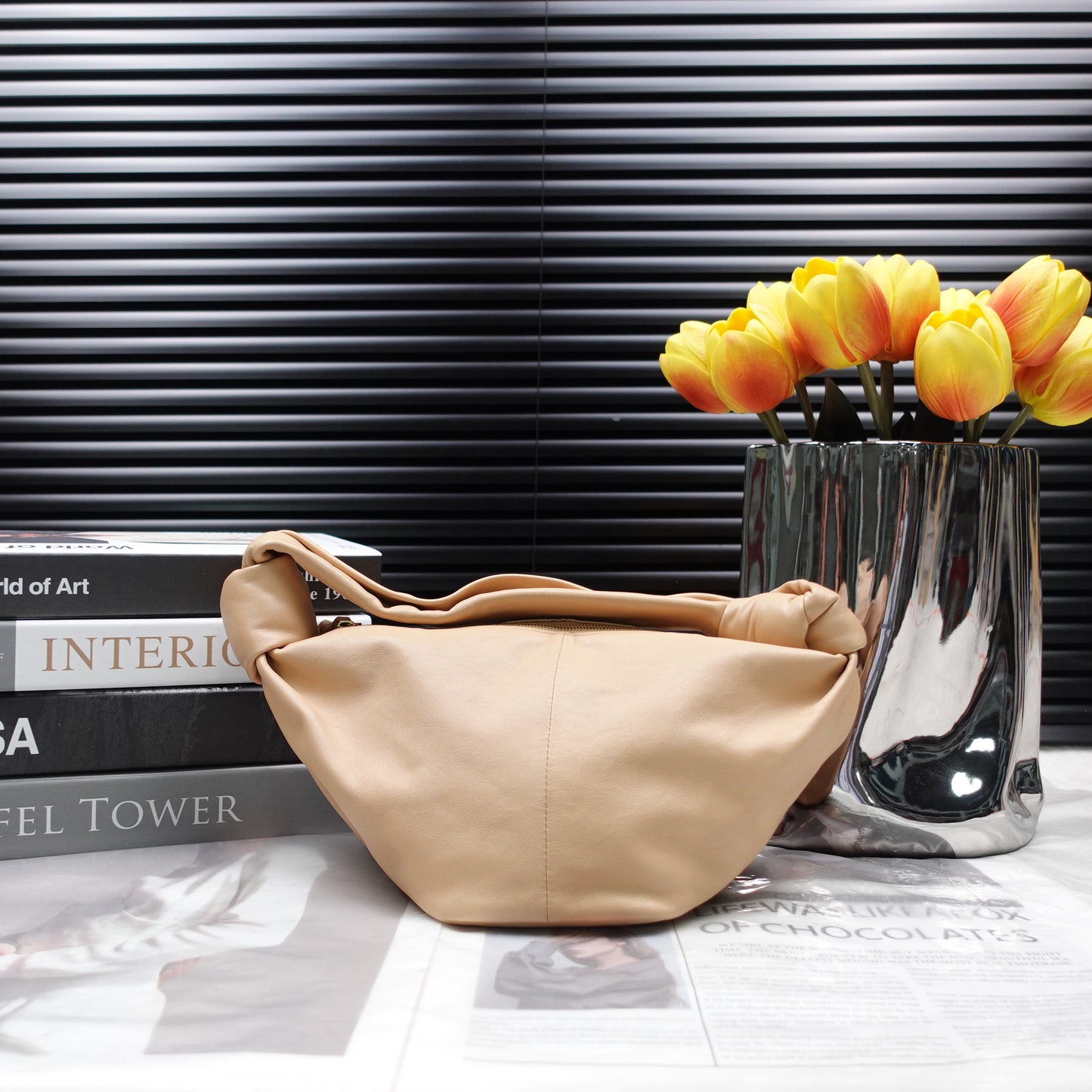 Pre-owned Bottega Veneta Double Kno Milktea Calfskin Shoulder Bag