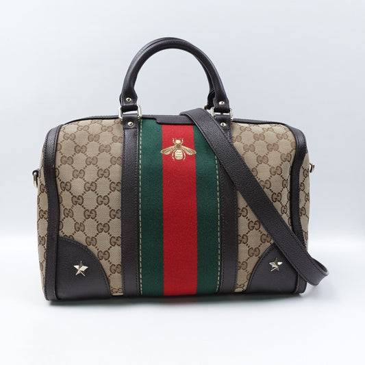 Pre-owned Gucci Webby Bee Boston Medium Monogram Brown Canvas Shoulder Bag