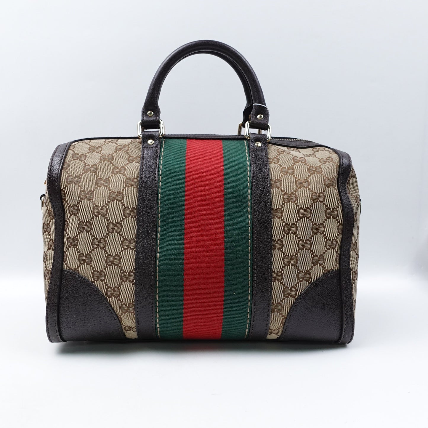 Pre-owned Gucci Webby Bee Boston Medium Monogram Brown Canvas Shoulder Bag