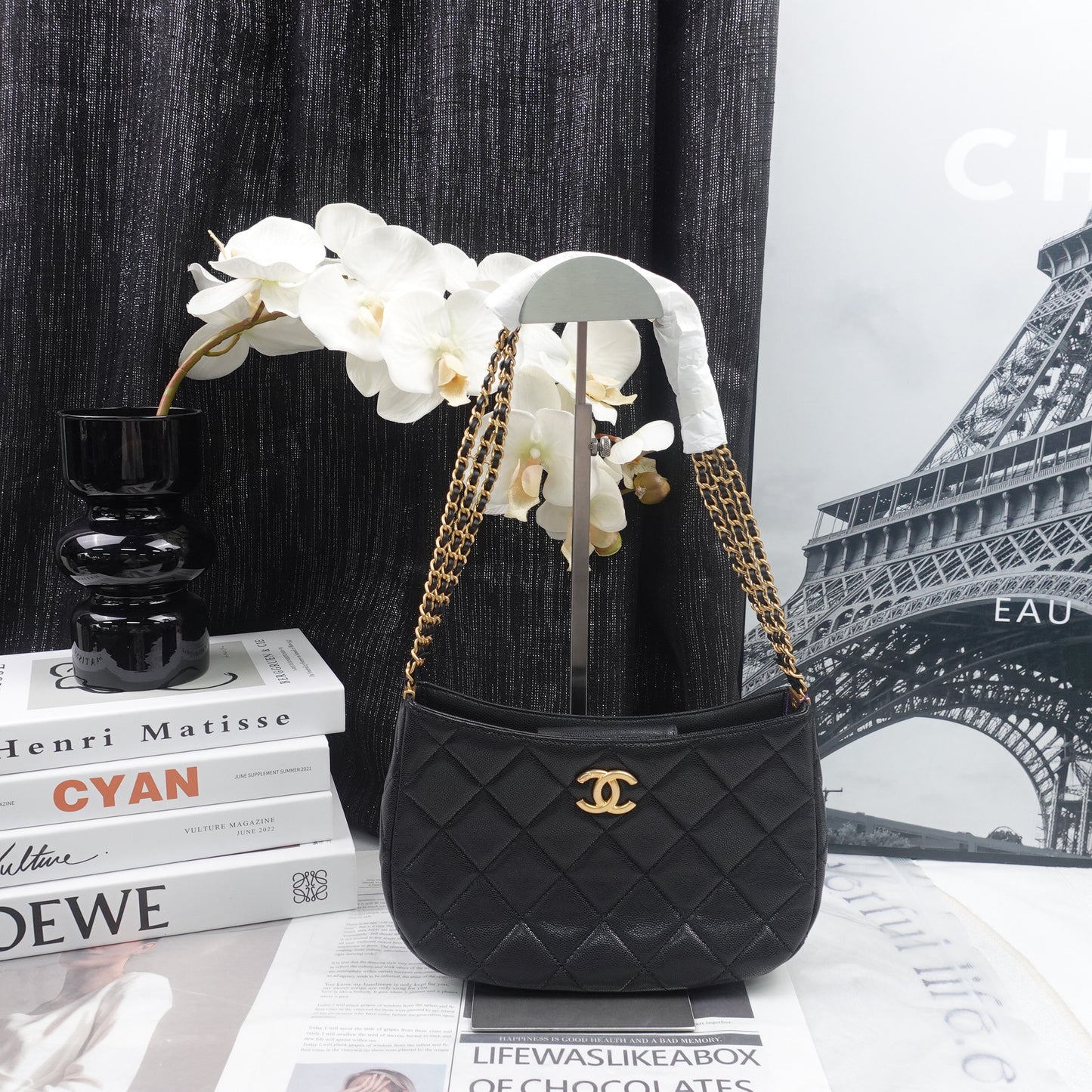 Pre-Owned Chanel 24C Hobo Black Calfskin Shoulder Bag