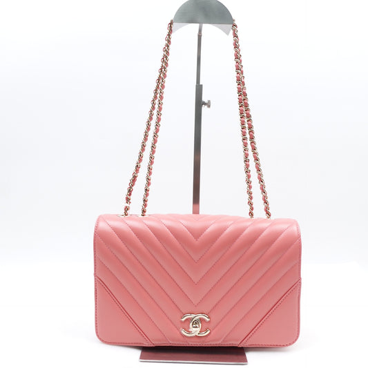Pre-owned Chanel Chevron V-Stitch Small Pink Calfskin Shoulder Bag