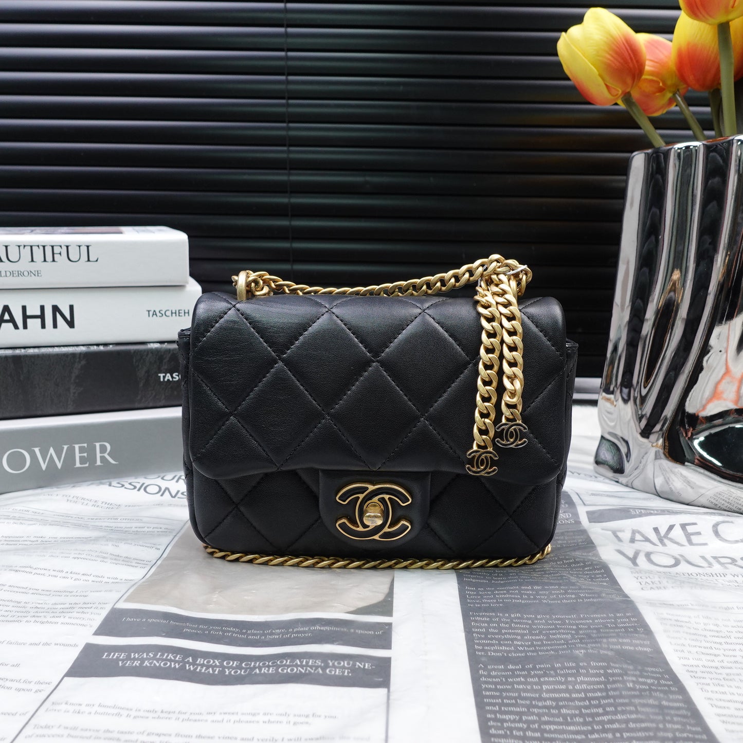 Chanel  Classic Flap Black Lambskin Leather Shoulder Bag