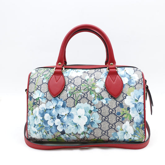 Pre-owned Gucci Boston Flower Blue Coated Canvas Shoulder Bag