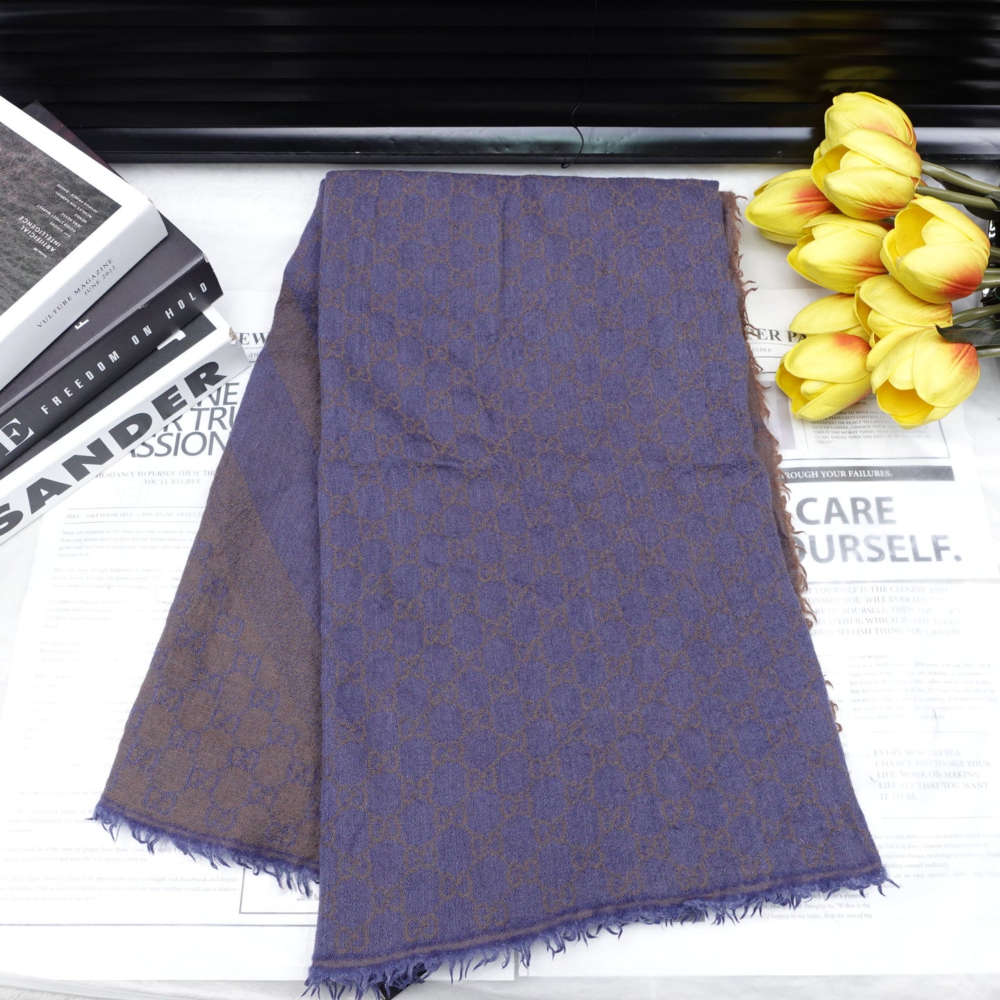 Pre-Owned Gucci Purple&Brown Square Wool Scarf