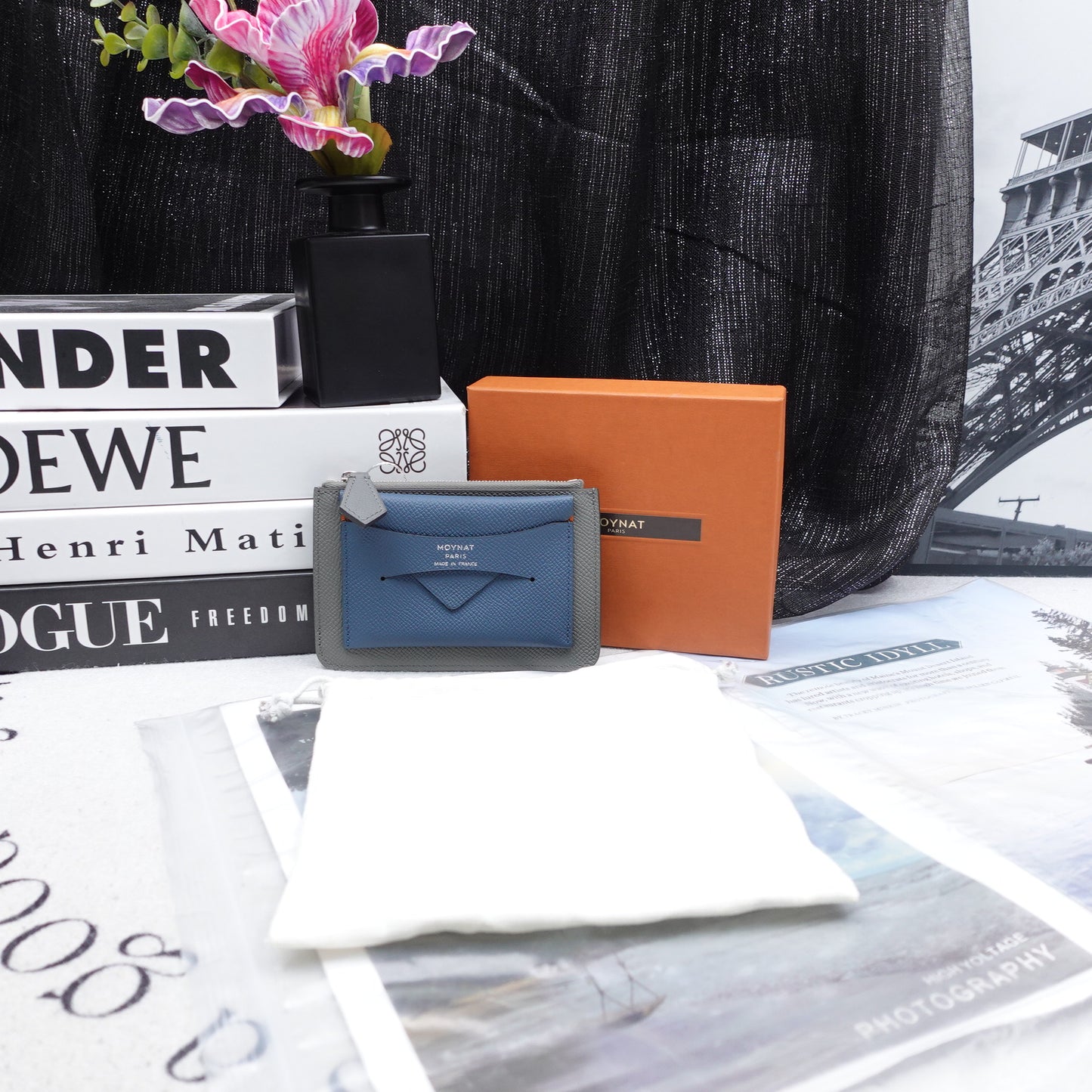Pre-owned Moynat Trousse Enveloppe Grey Calfskin Card Holder