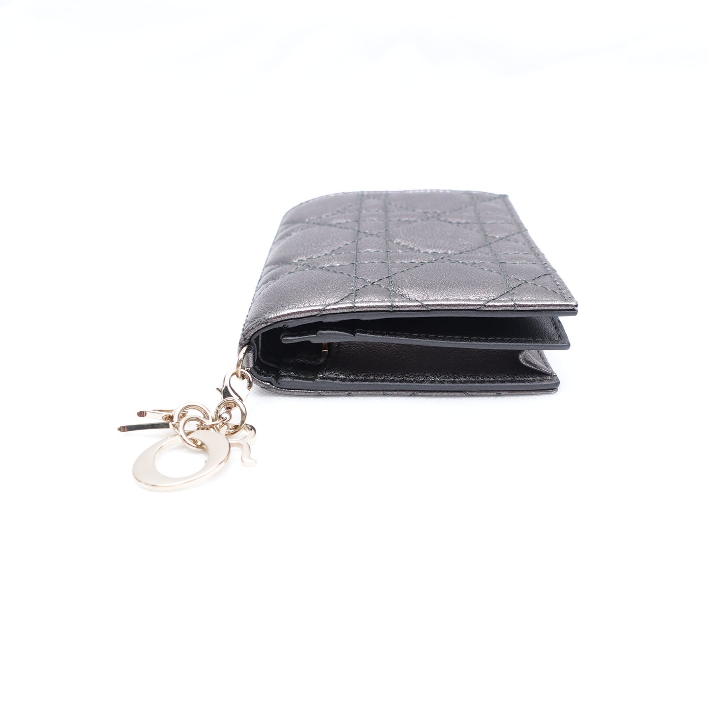 Pre-owned Dior Cannage Grey Calfskin Short Wallet