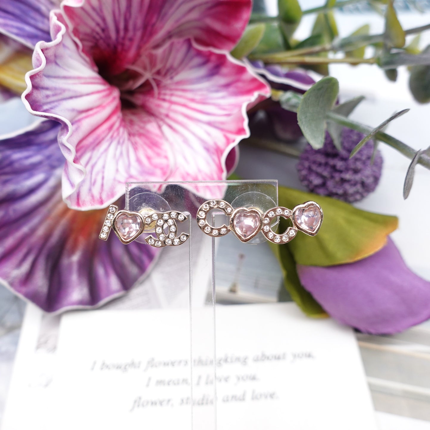 Pre-owned Chanel CC Diamond Pink&White Earrings